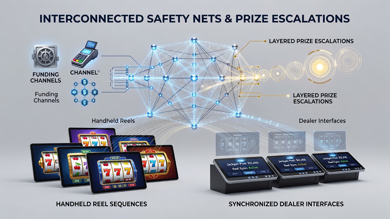 Darstellung vernetzter Sicherheitsnetze in mobilen Casino-Plattformen mit Zahlungsflüssen und gestaffelten Preisen