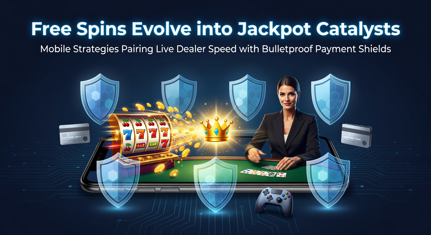 Smartphone mit rotierenden Free-Spins-Symbolen und Jackpot-Anzeige vor einem Live-Dealer-Tisch im Hintergrund, umgeben von Zahlungssymbolen wie Schlössern und Schilden