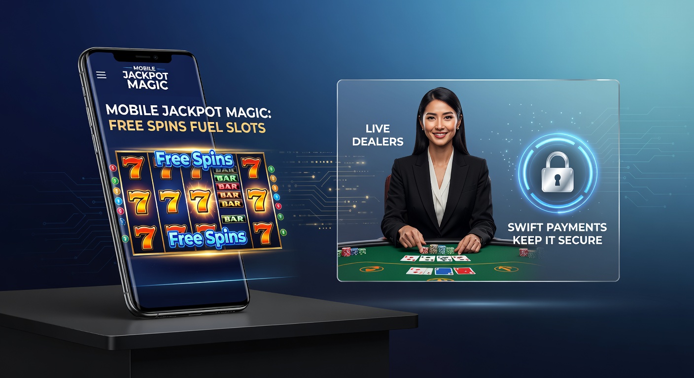 Smartphone mit leuchtenden Slot-Maschinen und Jackpot-Symbolen, umgeben von Free-Spin-Icons und sicheren Zahlungssymbolen